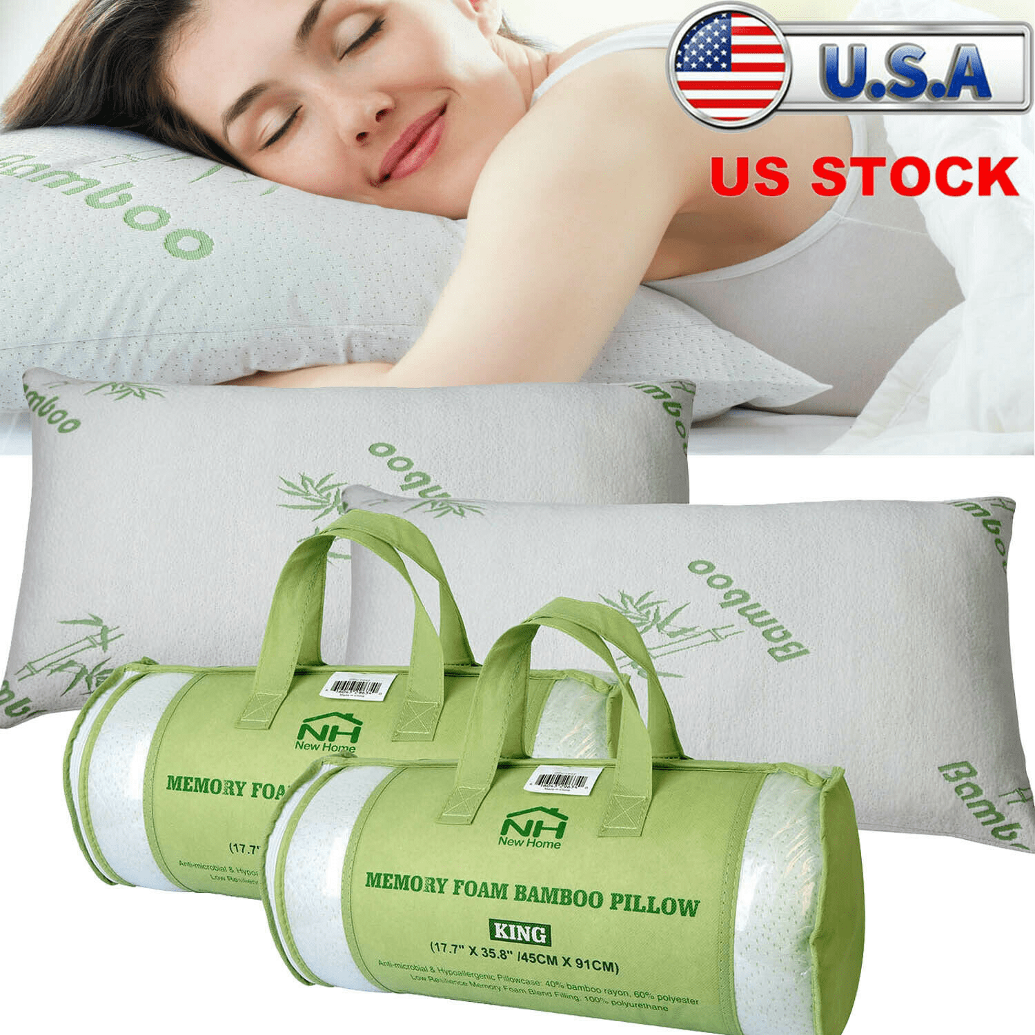 1PC Ultra Soft Bamboo Pillow Hypoallergenic Firm Fabric Fibre Cover King Size 