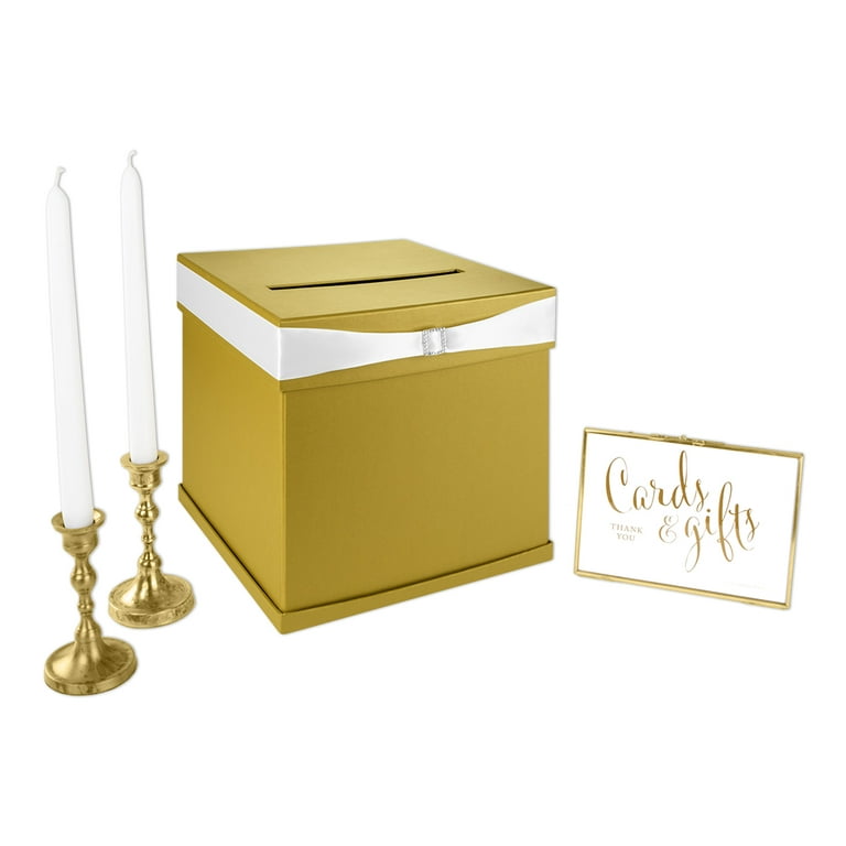 Andaz Press Glitter Wedding Card Box with Slot, White Satin Ribbon and Rhinestone Buckle, 10 x 10 Card Holder Gift Box for Weddings, Anniversaries