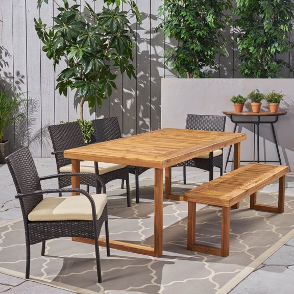 Noble House Garner 6 Piece Wood Top Patio Dining Set in Natural