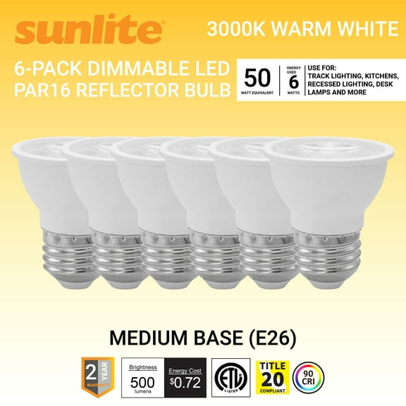Sunlite LED PAR16 Short Neck Recessed Flood Light Bulb, 6 Watts (50W Halogen Replacement), Medium E26 Base, Dimmable, ETL Listed, 3000K Warm White, 6-Pack