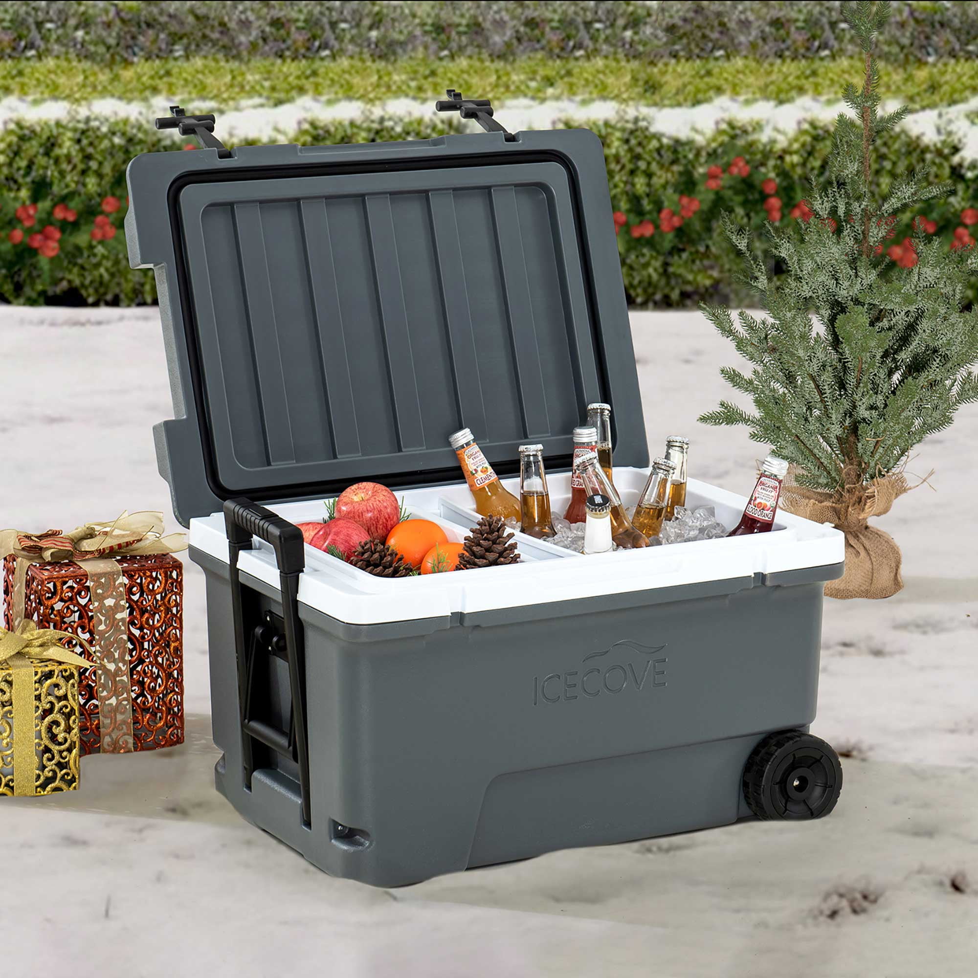 60-Quart Solar Cooler Portable Insulated Ice Chest with Wheels and Handle for Party, Camping, Beach Sand and Outdoor Activities, Heavy Duty Opener and Cup Holder, Castlerock Grey