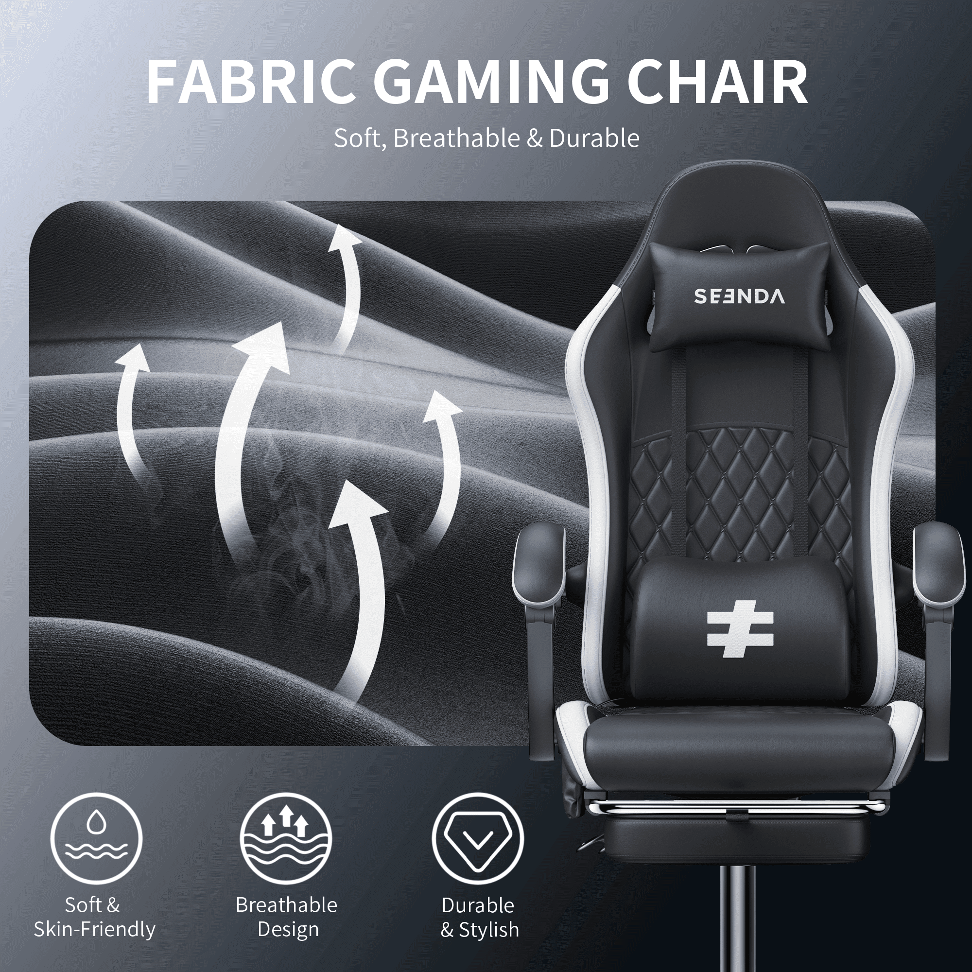 Seenda Massage Gaming Chair, Fabric Office Chair Ergonomic Desk Chair, Video Game Chair with Footrest and Massage Lumbar Support, High Back Computer Office Chair with Headrest, 275Lbs, Black