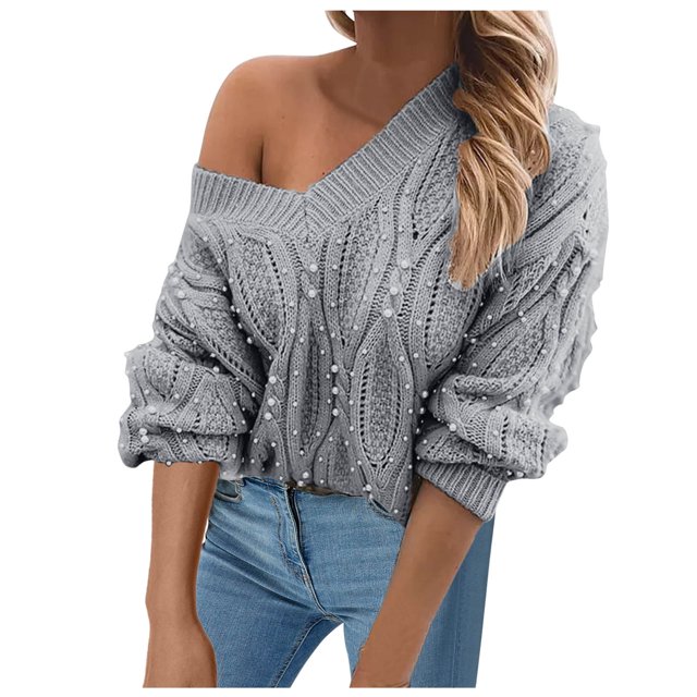 Gibobby Suéter Para Invierno Mujer Suéter con suéter de uñas Suéter con cuello en V Manga larga Suéter suelto con cuentas para mujer(Gris,G)