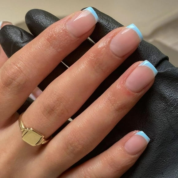 TRAHOO-30 PCS Sky Blue French Tip Press On Nails Short Square Fake Nails French Nails Press ons Square Acrylic Nails Glue on Nails Natural Short Square Nails False Nails for Women in 15 Sizes