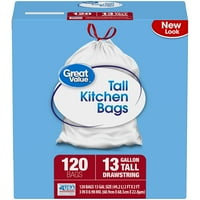 Great Value Tall Kitchen Drawstring Trash Bags, 13 Gallon, 120 Count