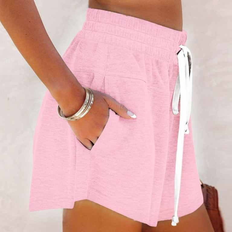B91xZ Running Shorts For Women Womens Shorts Cotton High Elastic Waisted  Pleated Ruffle Cute Shorts Beach Flowy Casual Shorts Pink,S