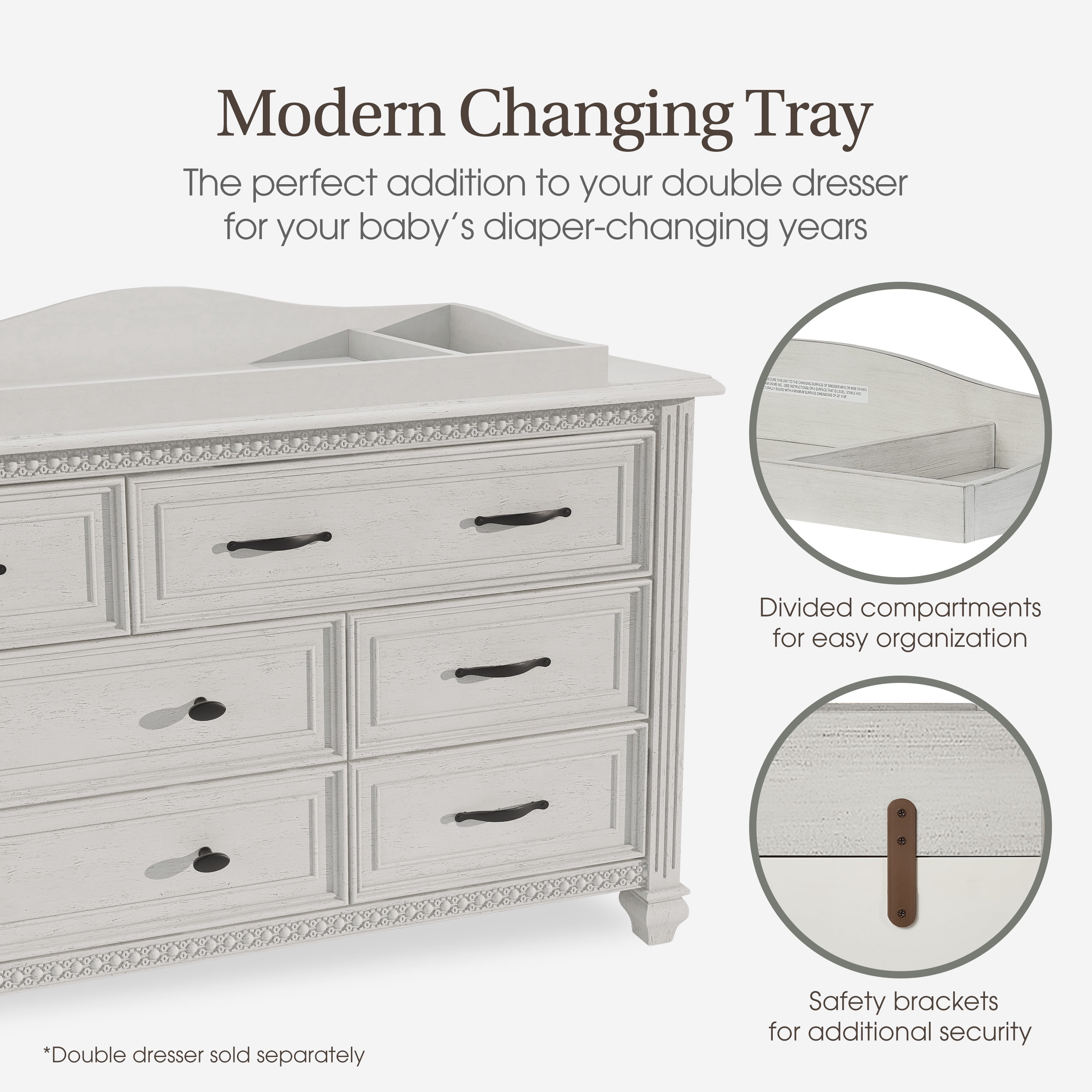 Evolur Changing Tray in Antique Grey Mist with Enclosed Sides, 45.25" x 17.5"