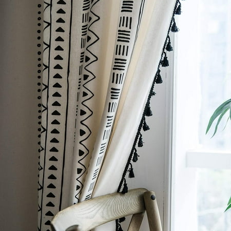 Boho Cotton Linen Curtain With Tassels, Bohemian Window Curtains