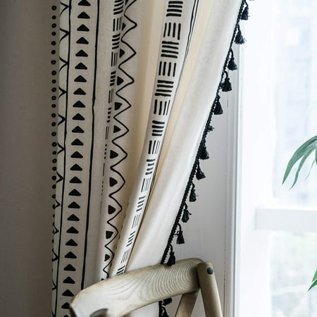 Boho Cotton Linen Curtain With Tassels Geometric Print Farmhouse Country Style Rod Pocket Bohemian Window Curtains Room Darkening For Bedroom Living 1 Panel 59w X 87l Black Canada Boho Cotton Linen Curtain With Tassels, Bohemian Window Curtains