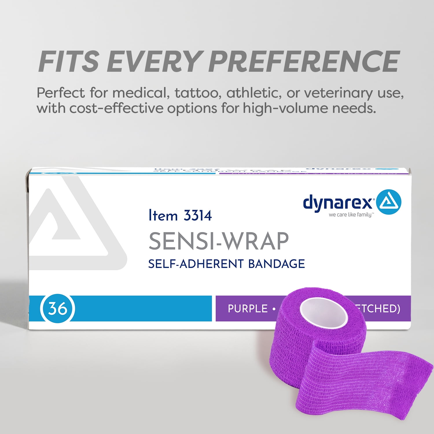 Dynarex Sensi-Wrap Self-Adhesive Bandages, 36-Pack, 2" x 5 yards, Purple, Latex-Free, Colored Elastic Cohesive Athletic Tape, Tattoo Grip & Vet Wrap