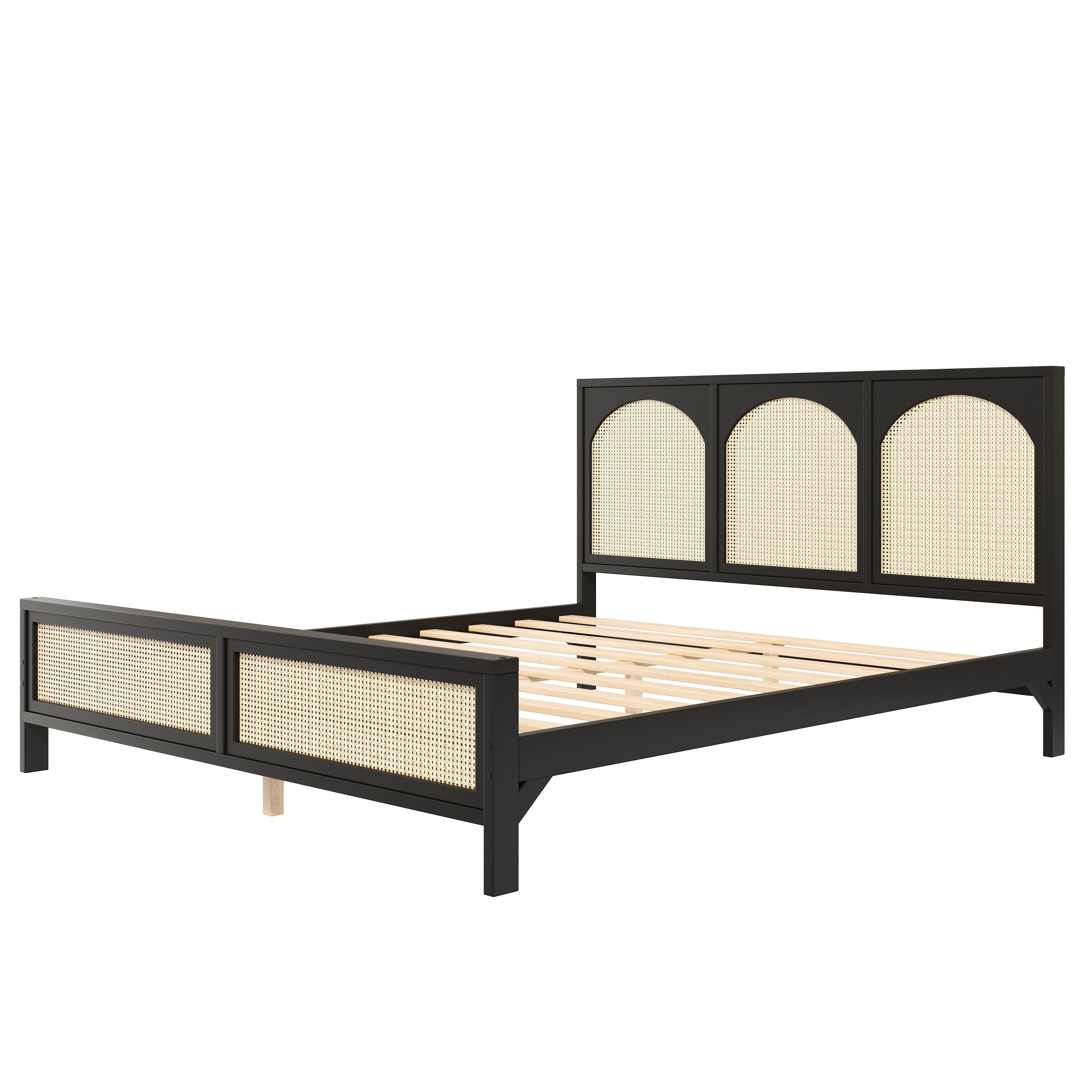 Euroco Queen Size Platform Bed with Rattan Headboard, Black