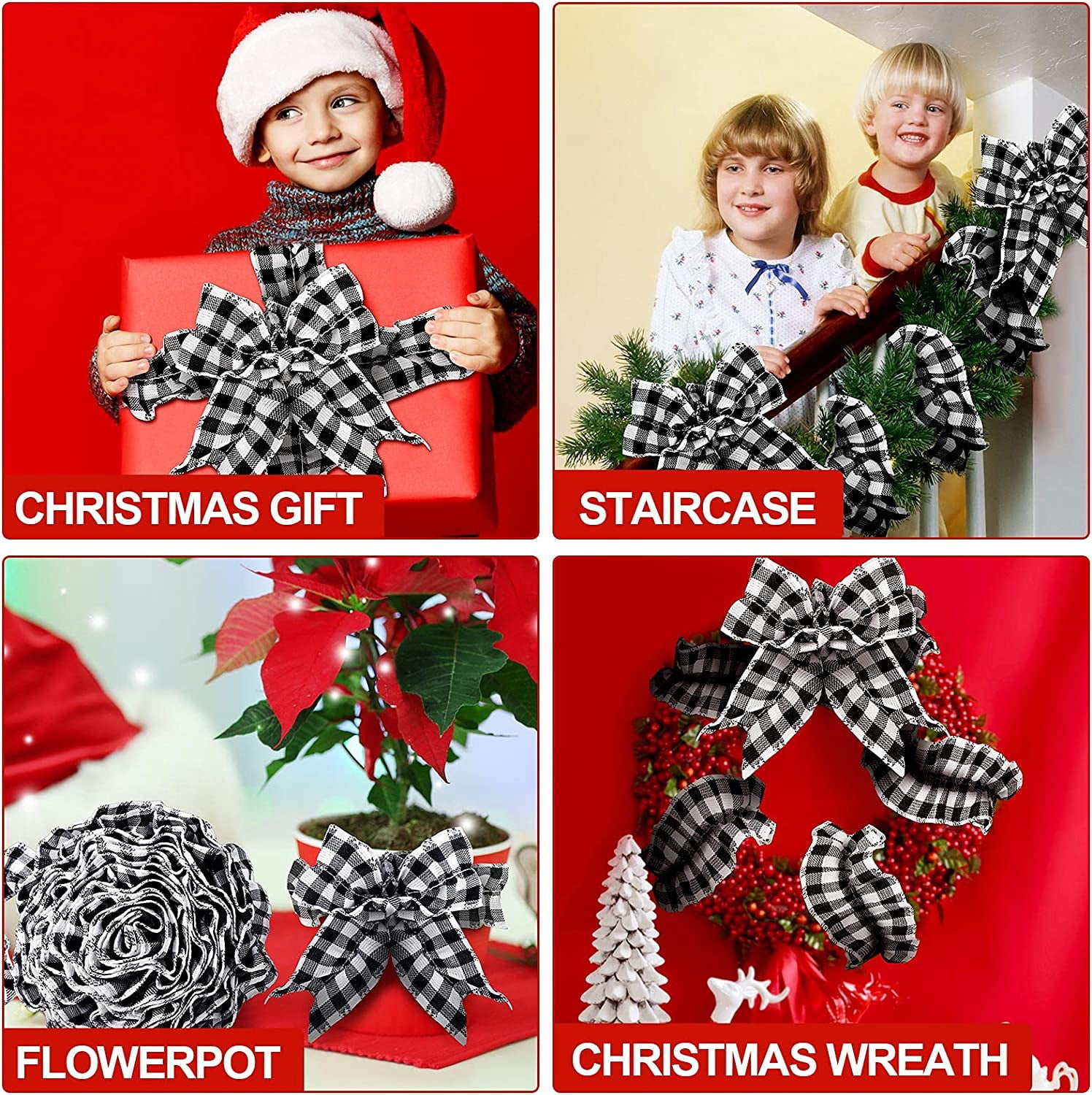 27ft Christmas Buffalo Plaid Ribbon Ruffled Homespun Fabric Garland, Christmas Tree Ribbon Decorations for Christmas Home Wreath Staircase Tree Decor