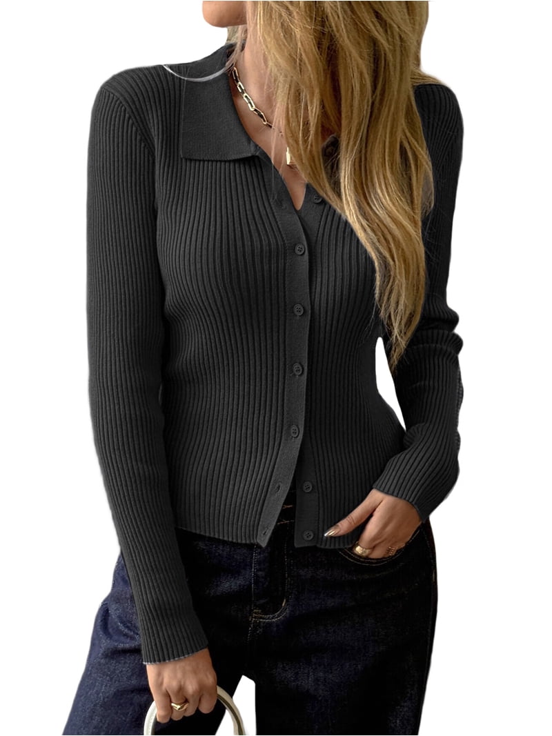 Women Long Sleeve Button Down Ribbed Knit Cardigan Shirt Casual