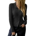 thumbnail image 3 of Women Long Sleeve Button Down Ribbed Knit Cardigan Shirt Casual Slim Fit Collared Sweater Top Black L, 3 of 8