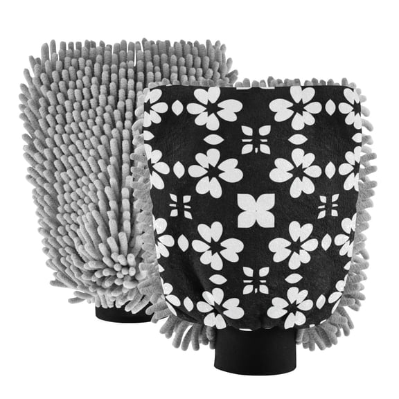 Microfiber Car Wash Gloves With Chenille & Polyester Terry Scratch-Free Cleaning Elastic Cuffs Abstract Black White