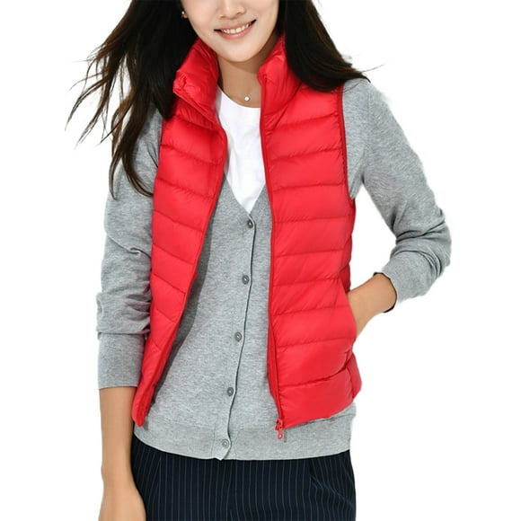 LUXUR Ladies Puffer Vest Stand Collar Outwear Long Sleeve Down Jackets Warm Waistcoat Sleeveless Red 3XL