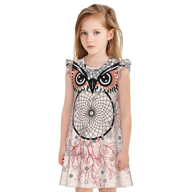 Fotbe Dreamcatcher With Owl Vestido de Dormir para Niñas de 3 a 10 Años, Mangas Cortas, Estilo Princesa, Pijama Camisón con Mangas Voladas-X-Large