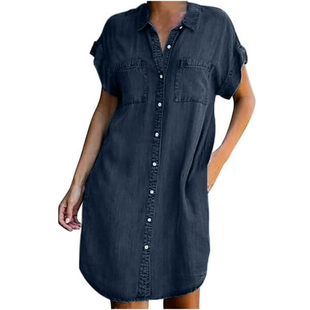 

asdoklhq Maternity Dress Women s Dress Fashion Short Sleeve Slim Solid Color Loose Thin Denim Dress