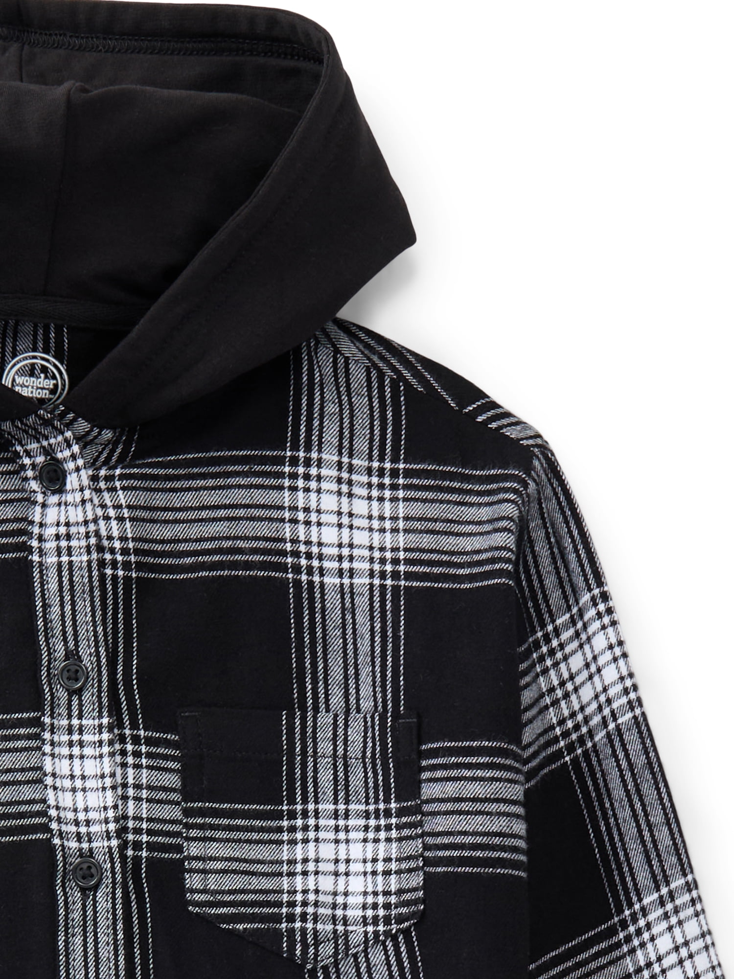Wonder Nation Girls' Hooded Flannel Shirt with Long Sleeves, Sizes 4-18 & Plus