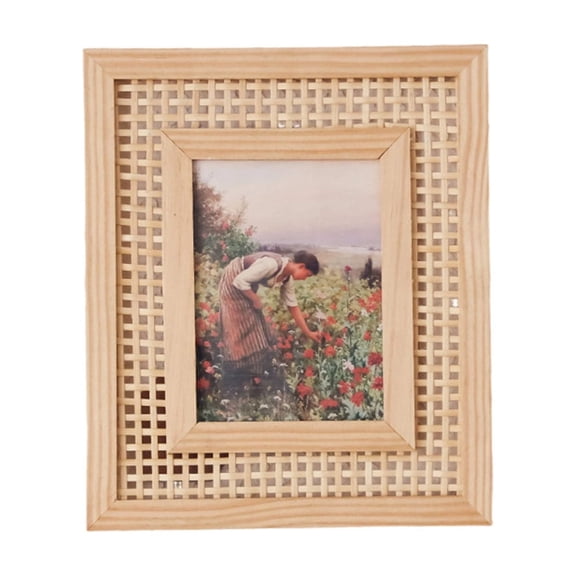 Rattan Picture Frame, Rectangular Wall Hanging & Desktop Photo Display, Handwoven Boho Wooden Picture Frame for Home Decor, Bedroom, Living Room, Wall or Tabletop Decoration