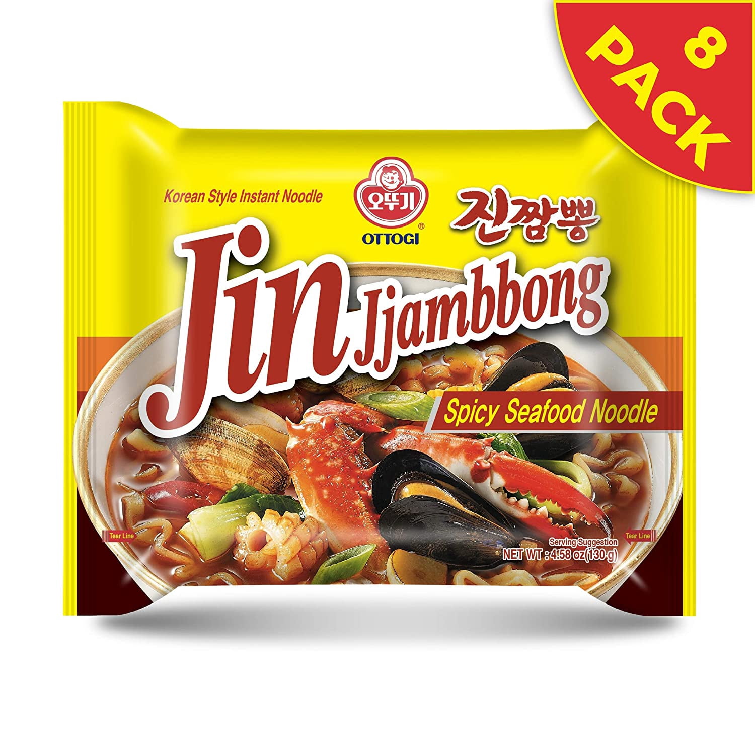 OTTOGI JIN Jjambbong Korean Instant Ramen – Spicy Seafood Noodles, Red Broth, 4.58 oz (Pack of 8)