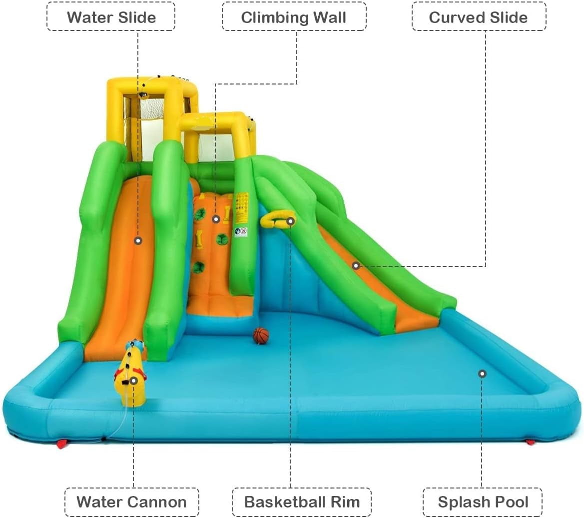 OLAKIDS Inflatable Water Slide, 6 in 1 Bounce House with 2 Slides, Climbing Wall, Splash Pool, Basketball Rim, Water Blaster, Inflatable Water Park with  Bag, Repairing Kit, Hose (Without Blower)