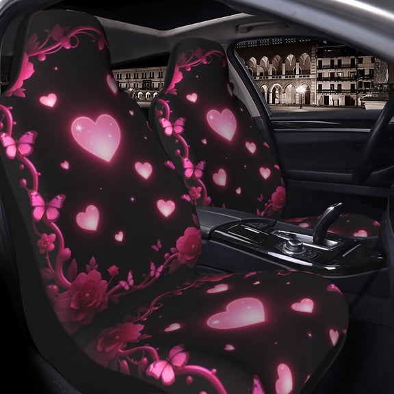 Pink Heart Decor Car Seat Covers Set of 2 for Women and Men, Universal Fit Bucket Seat Protectors for Cars, SUVs, Sedans and Trucks, Soft Breathable Polyester, Front Seats Only
