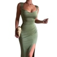 thumbnail image 3 of Women'S Slip Long Dress Cowl Neck Backless Ruched Bodycon Side Split Cocktail Party Night Out Dress Green XS, 3 of 9