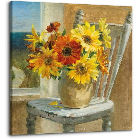 Bathroom Decor Canvas Country Farmhouse Wall Decor Sunflower Theme Painting Vintage Picture Artwork Wood Framed Wall Art Easy to Hang Size 14 x14 in