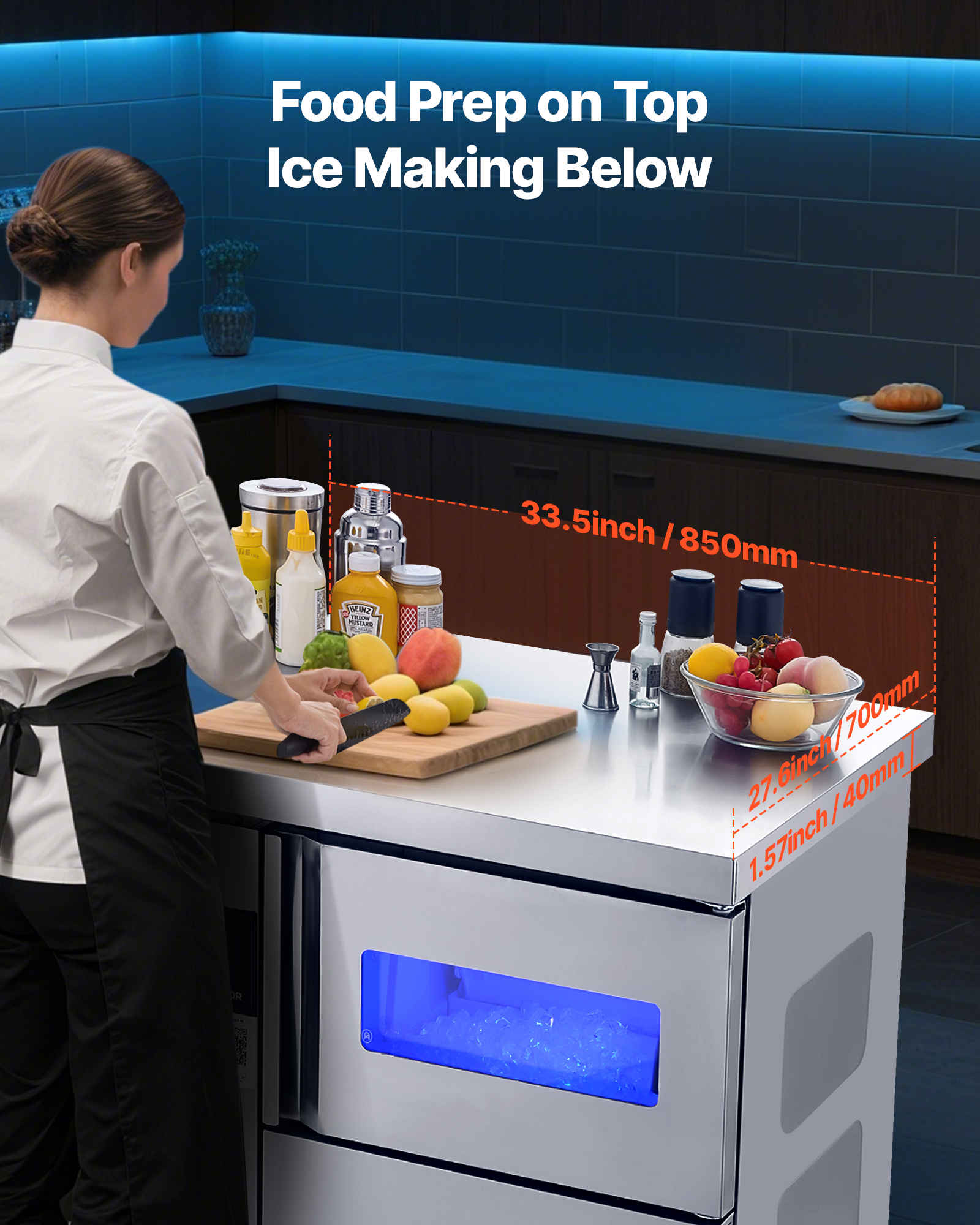VEVOR Commercial Ice Maker Machine, 132 lbs/24H Stainless Steel Ice Machine with Worktop, 30 lbs Storage & 70 Cubes/Cycle,Self-Cleaning Freestanding Ice-Making for Home Bar Office Restaurant Kitchen