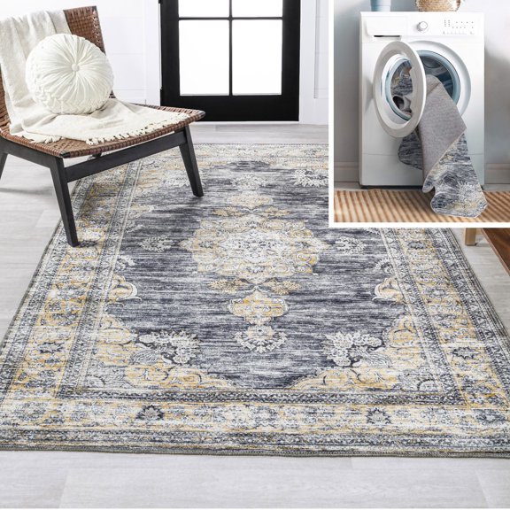 JONATHAN Y WASHABLE 4 x 6 Area Rug, Bausch Bohemian Distressed Chenille - Dark Gray/Yellow, WSH201C-4