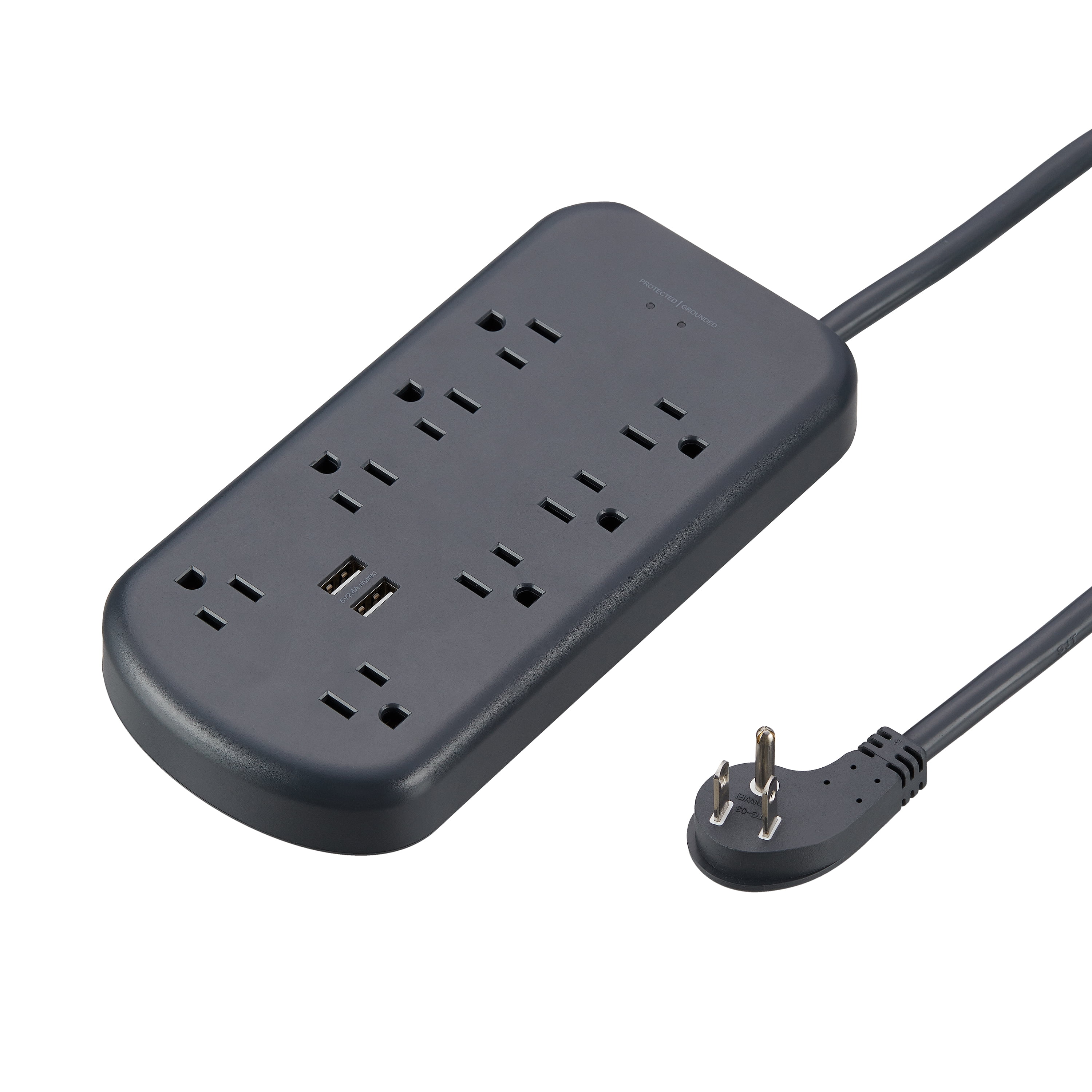 onn. 6ft 8 AC Outlets Surge Protector 2700 Joules with 2 USB Ports- Grey
