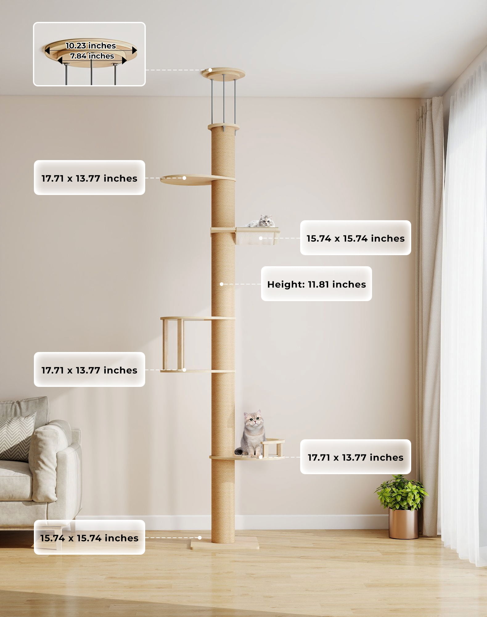 COZIWOW Floor-to-Ceiling Cat Tree, adjustable (89-112 inches), sturdy 5-tier tower for large cats. Features 4.33" scratching posts, hammock, platforms. Saves space, enriches indoor play.