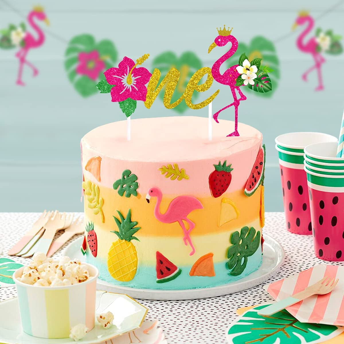 Flamingo 1st Birthday Decorations - High Chair One Banner Cake