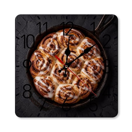 GooTPa 10×10inch Square Silent Wall Clock Wooden Frame, Cinnamon Rolls Skillet Icing Scale Decorative Clock for Home Bedroom Living Room Office