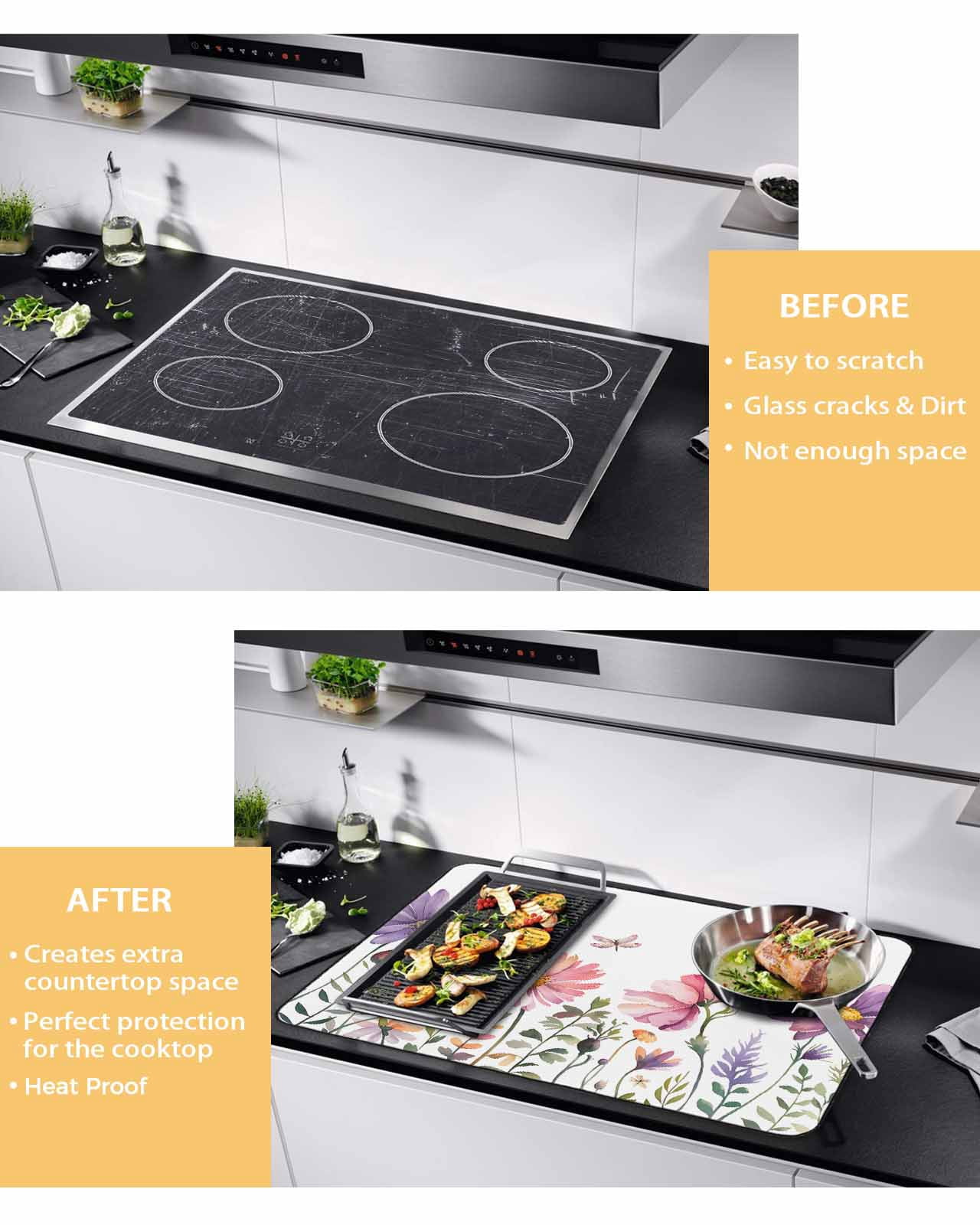nqOlkjepod Large Induction Cooktop Protector Mat 36"x21", Watercolor Flowers Stove Top Covers for Electric Stove, Botanical Floral Herb Butterfly Stove Burner Cover Mats, Glass Top Stove Cover