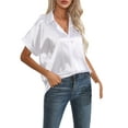 thumbnail image 4 of Fangasis Women Satin Silk Shirt Short Sleeve Shirts Lapel Neck Tops Ladies Loose Blouse Elegant Work White M, 4 of 6