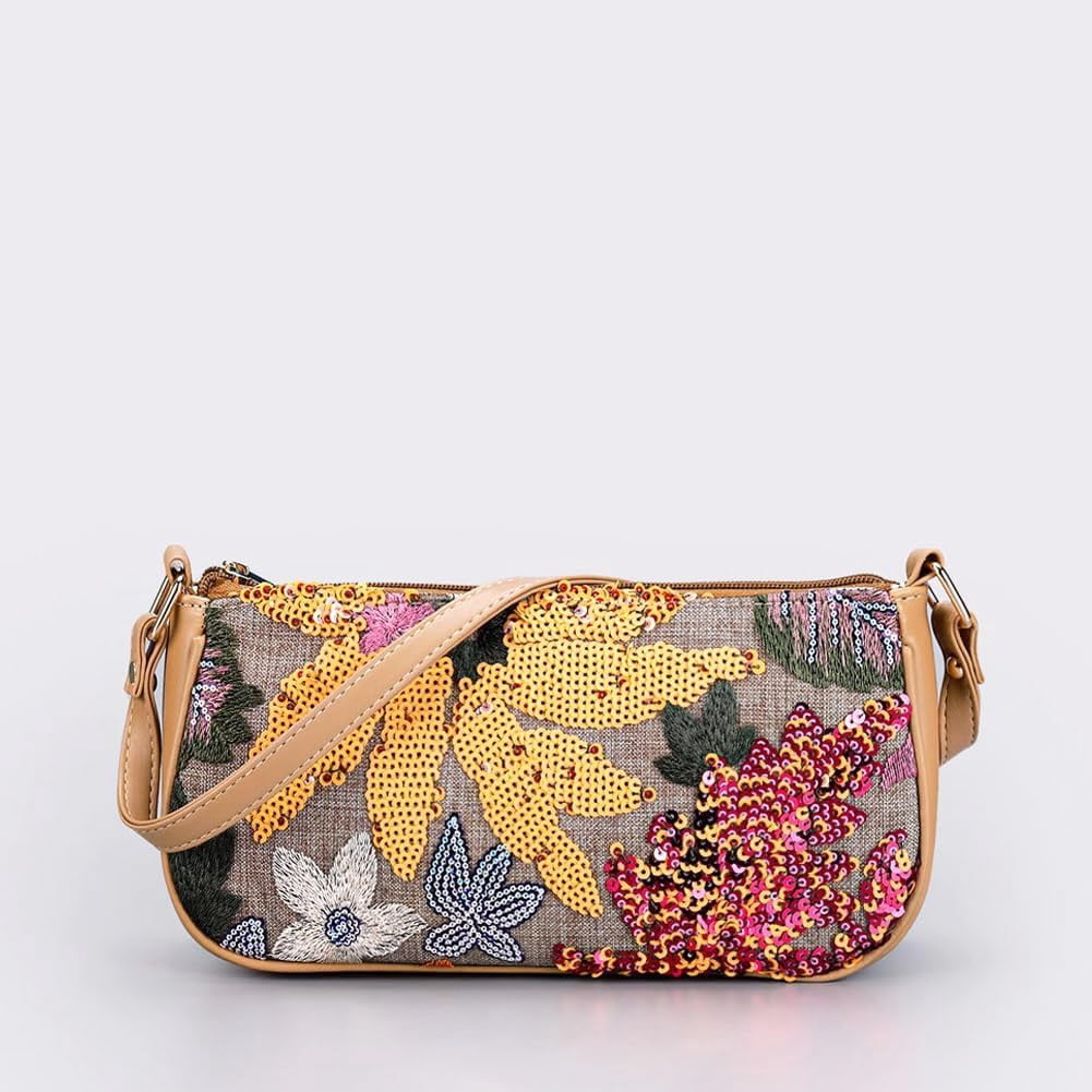 Women's Floral Embroidery Handbags Sequins Shoulder Bags Summer Party Handbags Glitter Underarm Backpacks