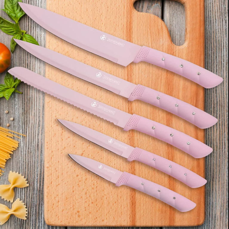 Kitchen Knife Set, 6 Pieces Pink Stainless Steel Sharp Cooking Knife Set with Acrylic Stand, Non-Stick Coating Pink Flower Block Knife Set with Gift