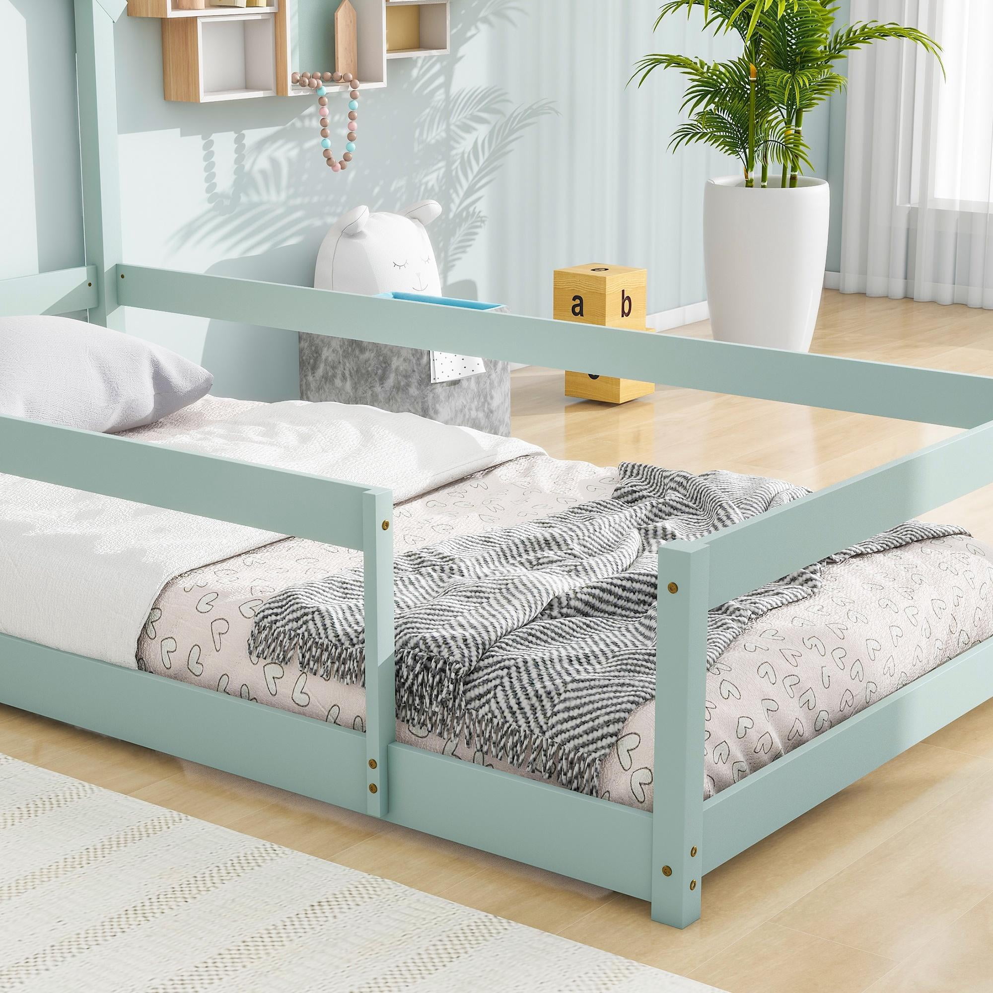 PORKISS Twin Size Floor Bed, Montessori Bed for Kids with Fence, House-shaped Headboard, Light Green