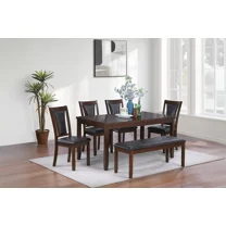Walnut And Black 6pcs Dining Set Contemporary Table 4x Side Chairs And Bench Faux Leather Upholstery Dining Room