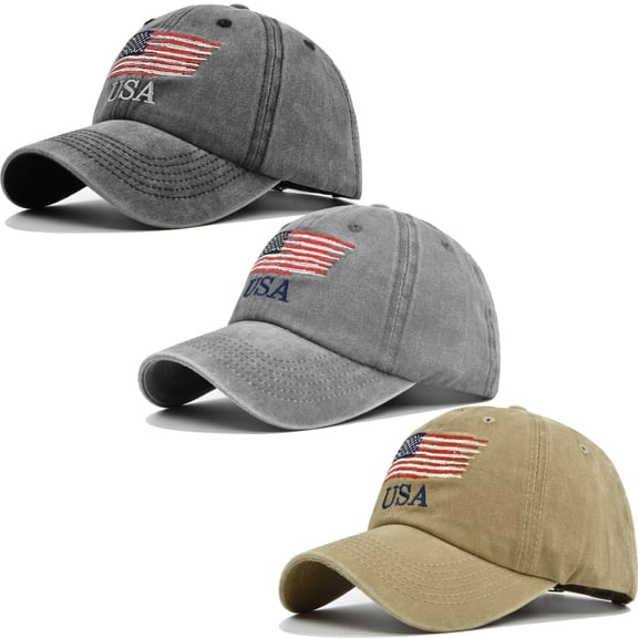 3 Pcs American Flag Hats Adjustable Washed Trucker Cap for Men Women