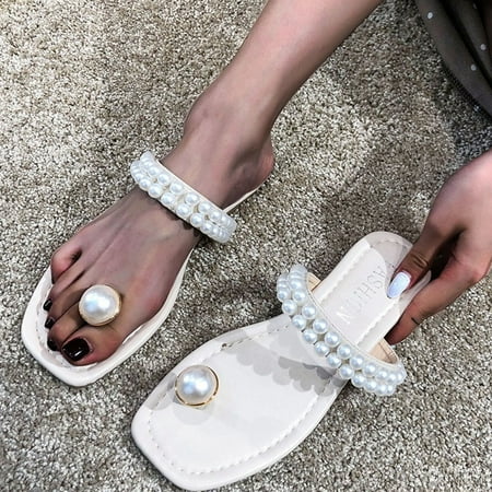 

Women Square Toe Summer Casual Tip Toe Flat With Pearl Sandals Beach Shoes
