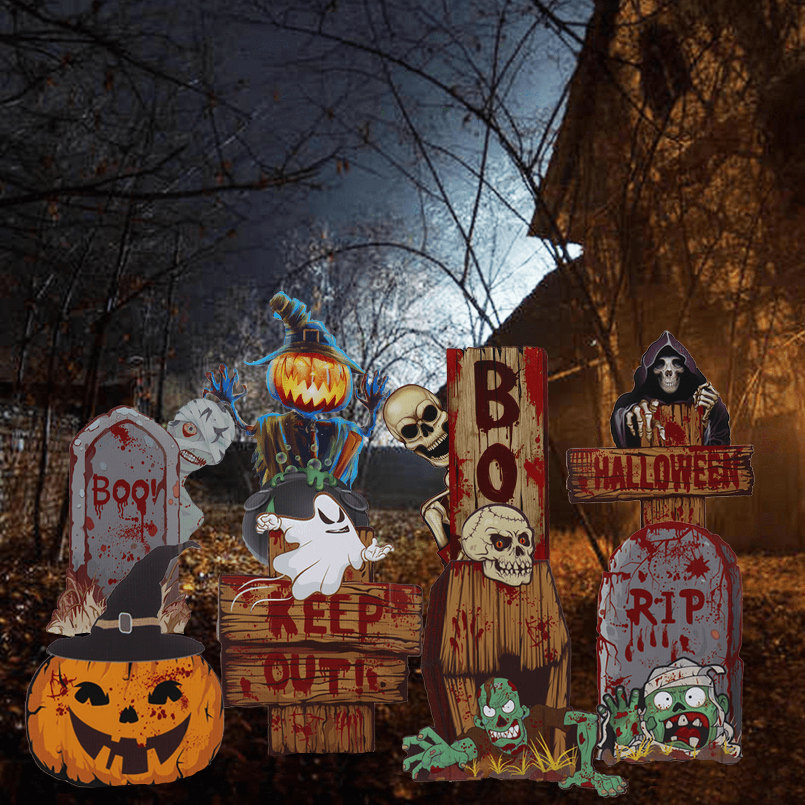 OUTOP Halloween Decorations Yard Signs, 8 Pieces Outdoor Halloween