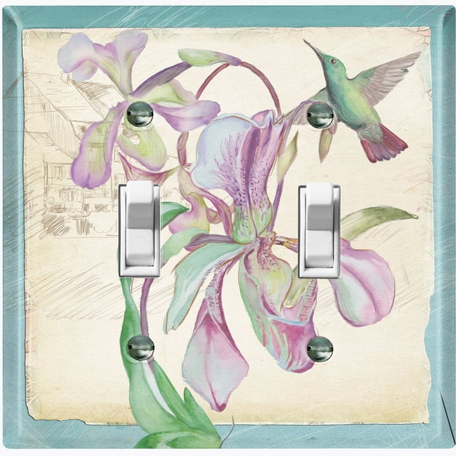 Metal Light Switch Plate Cover Antique Floral Hummingbird Home Sketch Teal FLW103