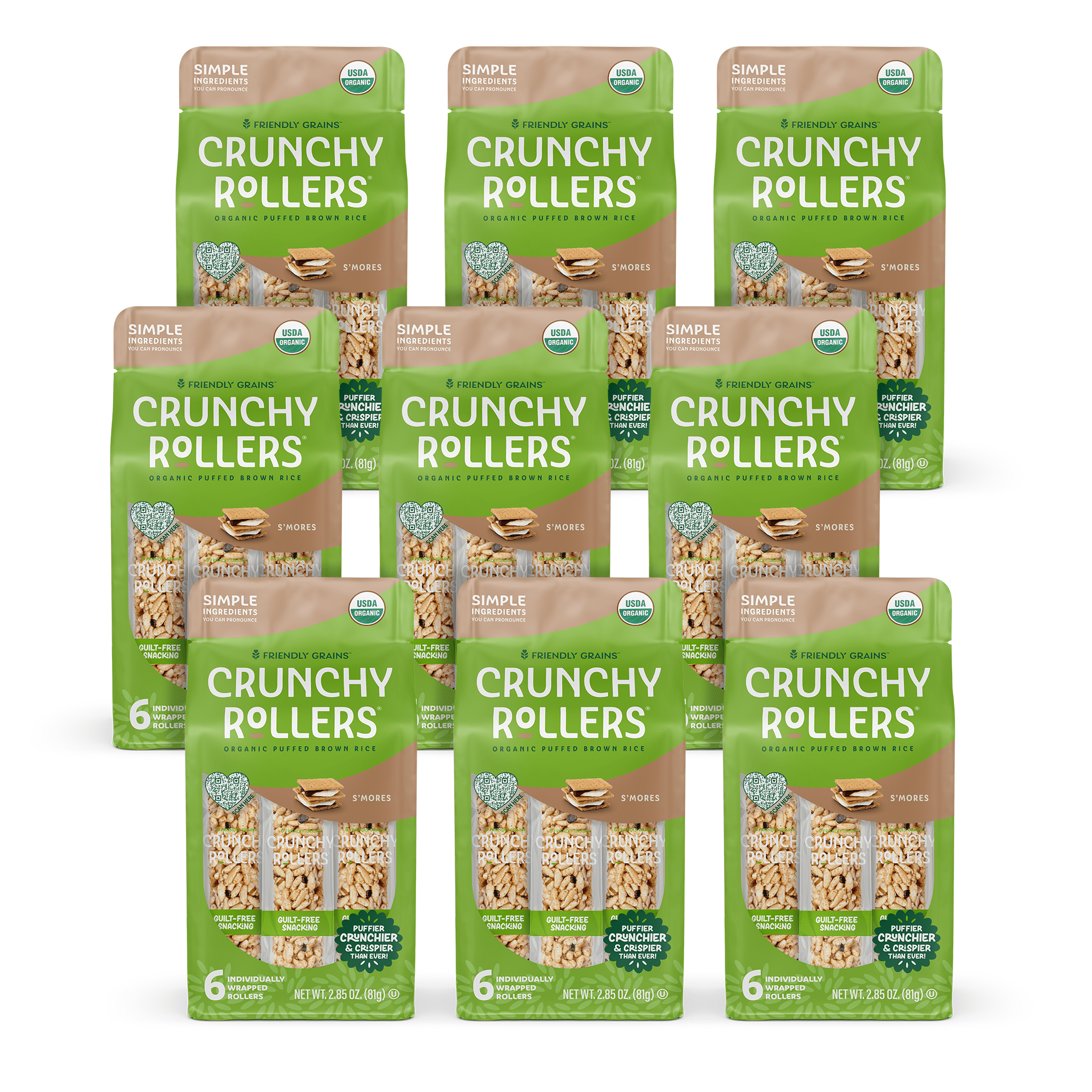 Friendly Grains Crunchy Rollers S'mores Gluten-Free Toasted Puffs, 9 Packs of 6, 2.85 oz