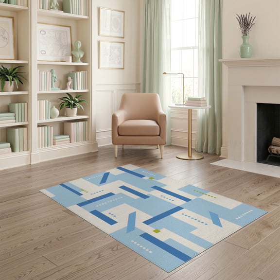 ODIKA 4'x6' Blue Cream Modern Geometric Abstract Washable Area Rug Minimalist Rectangular Blocks Dotted Lines Mid for Bedroom, Reading Nook, Pet Friendly & Non-Shedding