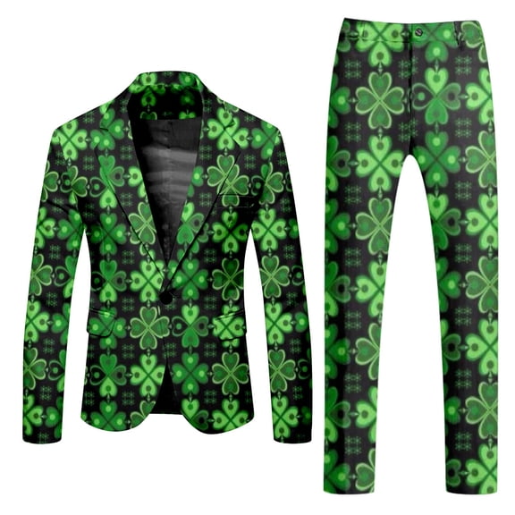 SJLDQY St. Patrick's Day Mens 2 Peice Suit Set Fashion Dress Suits for Men Clover Graphic One Button Blazer Jacket Pants Elegant Business Wedding Party Outfits