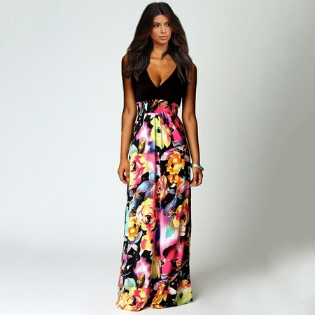 Senfloco Vintage Bohemian Dresses, Ladies Girls Beach Dresses For Summer Evening Party, V Neck Sundress, Comfortable Fitted and Flare Sleeveless,Floral Print Tank Long Maxi Dresses