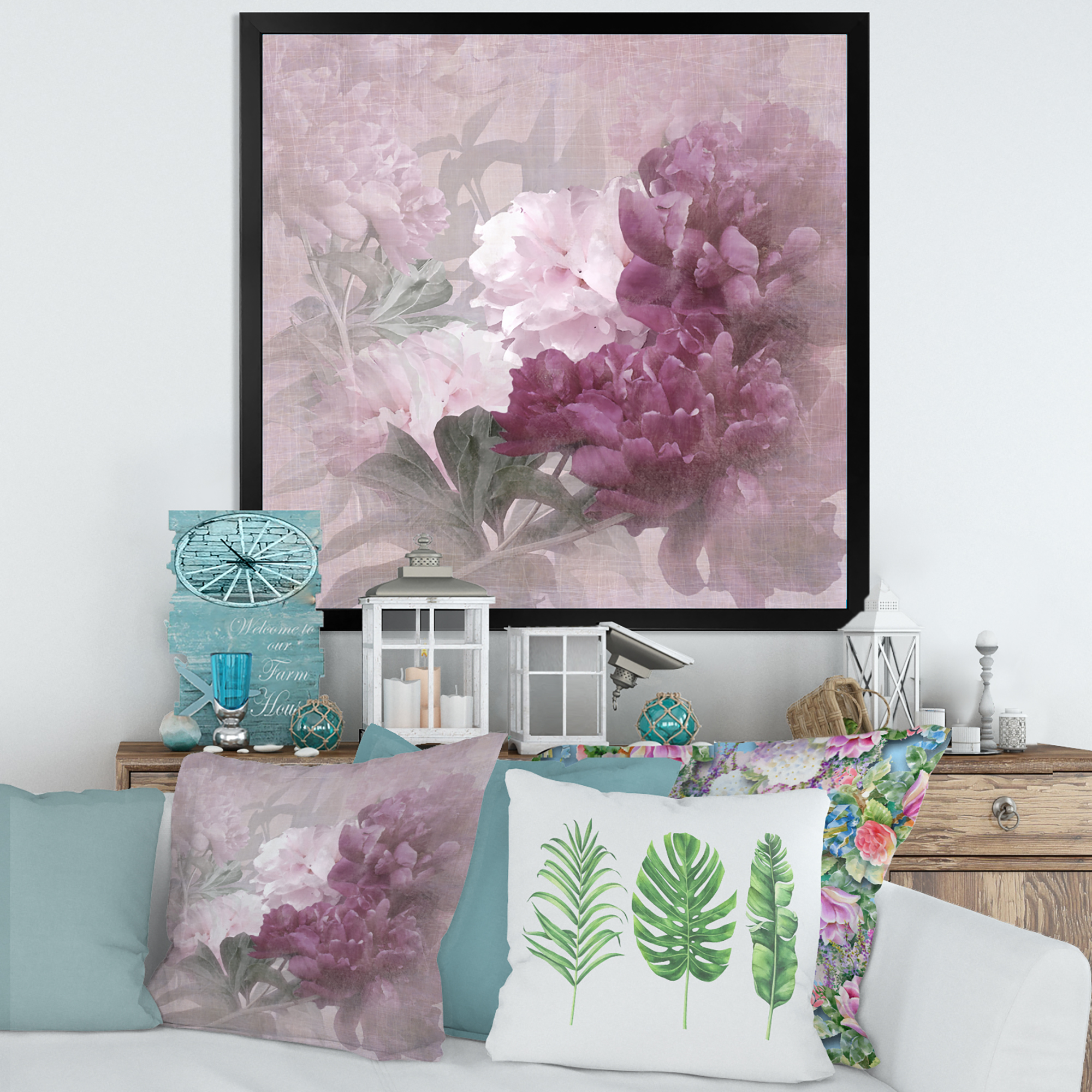Designart 'Ancient Pink and Purple Flowers II' Traditional Framed Art Print